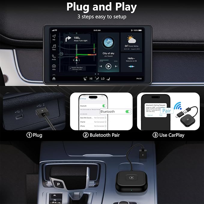 for iPhone 17 Wireless Carplay Adapter Compatible iPhone 17 Pro Max Air 16e 16 15,Automatic iPhone Carplay Wireless Adapter Convert Factory Wired to Wireless Plug and Play Car Play Fits Cars