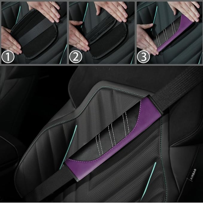 NBTEPEM 6 Pcs Purple Car Accessories Set, Sport Leather Steering Wheel Cover 14.5-15inch Universal, Leather Car Center Console Cover, Seat Belt Cushion, Cup Holder Coaster (Black-Purple)