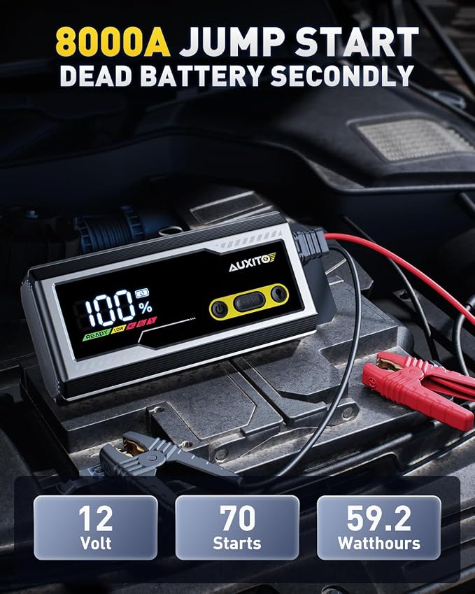AUXITO Jump Starter 8000A Portable Car Battery Jump Starter with Large LCD Display Jump Cable with Smart Clamps Power Bank Emergency Flashlight for Cars Heavy Duty Jumper Box for Car Battery