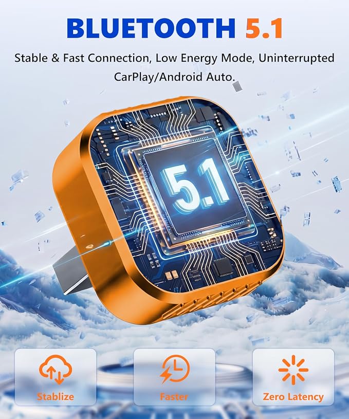 4-in-1 Mini Wireless CarPlay & Android Auto Adapter Support AirPlay/MirrorLink, Convert Wired to Wireless, Auto-Connect for Daily Commute, 5.8GHz Stable Connection, Plug & Play Dongle, Orange