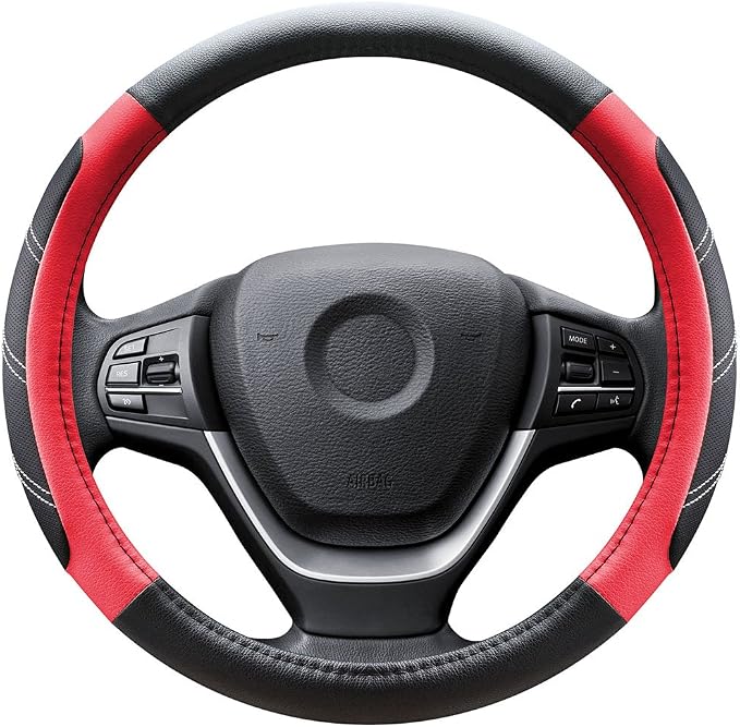 Elantrip Leather Steering Wheel Cover 14 1/2 to 15 inch Universal Padded Soft Grip Breathable for Car Truck SUV Jeep Anti Slip Black and Red