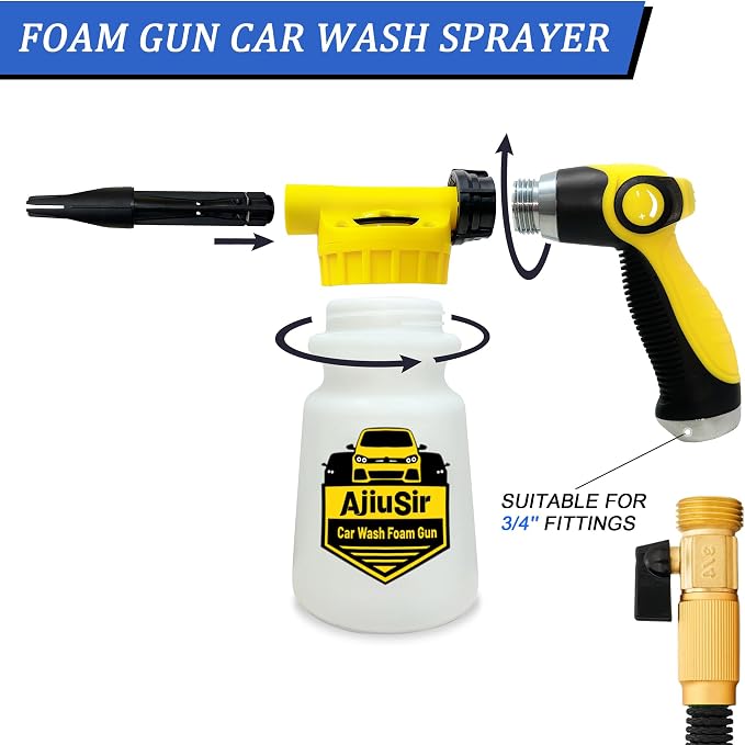 Foam Gun Car Wash Sprayer + Washing Sponge & Absorbent Towel, Hose Nozzle Foam Cannon Car Washing Kit, for Garden Cleaning, Pet Showering (Yellow)
