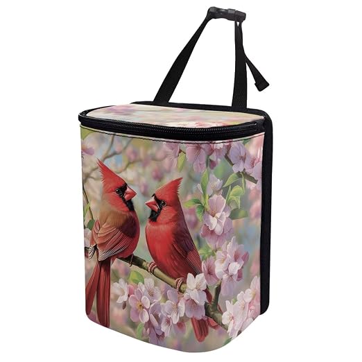 Talayituse Cardinal Cherry Blossom Print Car Trash Bin, Large Size Auto Trash Can Adjustable Portable Garbage Can with Lid, Vehicle Hanging Bag for Headrest Front Back Seat