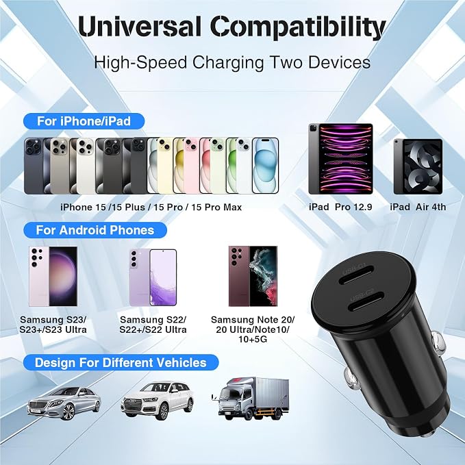 USB C Car Charger for iPhone 17 16 15 Pro Max,40W Dual Port USB-C & USB-A Car Fast Charging Adapter, 2X6FT C to C Cable & A to C Carplay Cable for iPhone 17 16 15 Series/iPhone Air,iPad,Samsung-Black