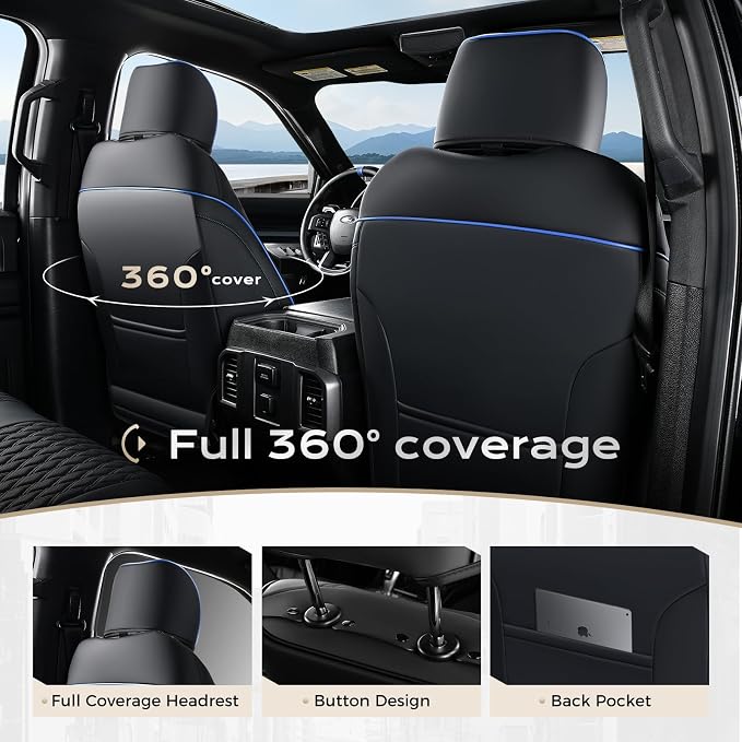 Coverado Full Set Leather Car Seat Covers for F150,Waterproof Automotive Seat Covers for Cars,SUVs,Pickup Trucks,Compatible with 2015-2026 F150 SuperCrew,2017-2026 F250 F350 F450 Crew Cab, Blue Line