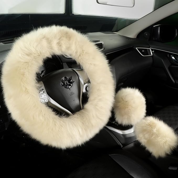Fuzzy Genuine Sheepskin Steering Wheel Cover Set for Women Parents-Fluffy Soft Australian Merino Wool Wrap with Gear Shift and Hand Brake Covers, Cozy Stylish Luxury Car Accessories (Linen Color)