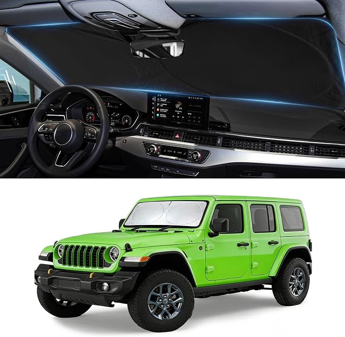 Custom fit Jeep Wrangler Rubicon Sahara TJ JK JKU Windshield Sunshade for 1997-2011-2017 Wrangler, Gladiator 2 Door & 4 Door Shades Cover for Windshield Sun Visor Screen Protector Blocks UV Rays