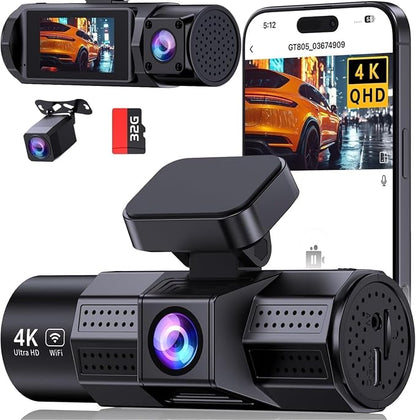 4K 3 Channel Dash Cam Front and Rear Inside, Dash Camera for Cars WDR Night Vision, 2 Inch IPS Screen WiFi App Control, 24H Parking Mode G-Sensor 32GB SD Card Included Support 256 GB Max