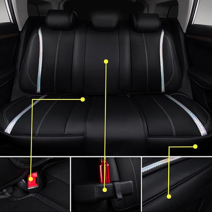 CAR PASS Nappa Leather Seat Covers, Waterproof Durable Universal fit for Women Girly SUV Truck,Anti-Slip Driver Seat Cover with Backrest, full set 5 Holographic Black Silver strips Iridescent colorful