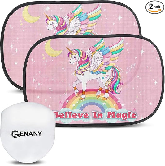 GENANY 2pcs Unicorn Window Sun Shade for Sedan SUV Truck (21x14 Inches), Sun Shades for Side Window, Accessories for Kids, Baby Window Shades, Summer Car Decor