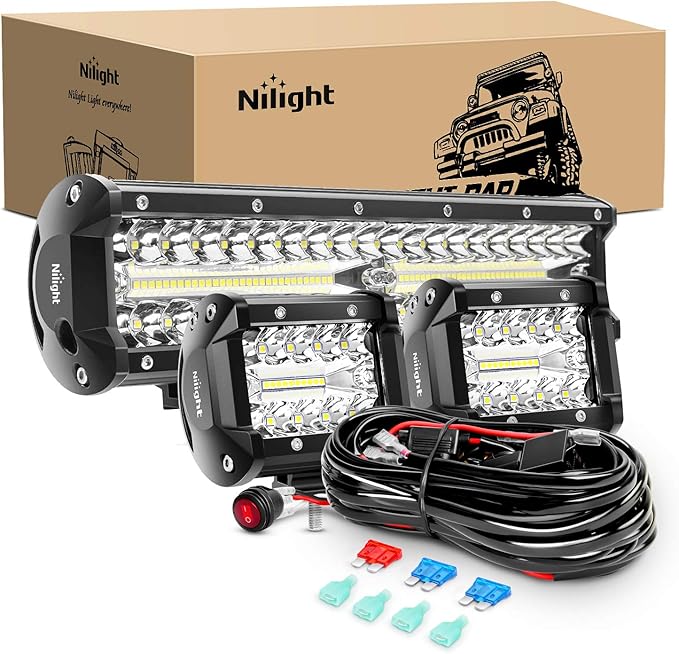 Nilight LED Light Bar Set, 12 Inch 300W Triple Row Spot Flood Combo Work Driving Lamp, 2 Pcs 4 inch 60 W with Wiring Harness for Off road ATV Boat Lighting, Year Warranty