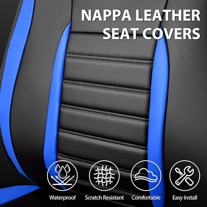 CAR PASS Nappa Leather Car Seat Covers Front Seats, Luxury Seat Protector for Cars, Waterproof Anti-Slip Seat Cushion Airbag Compatible Universal for SUV Pick-up Truck Automotive Vehicle,Black Blue