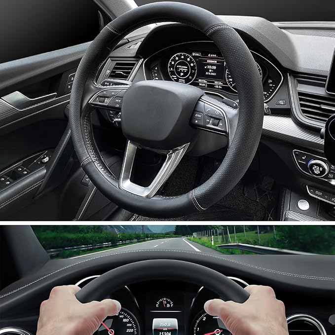 LKWLIKEI Nappa Premium Leather car Steering Wheel Cover, Non-Slip, Breathable, Universal 15 inches (red Blue line)