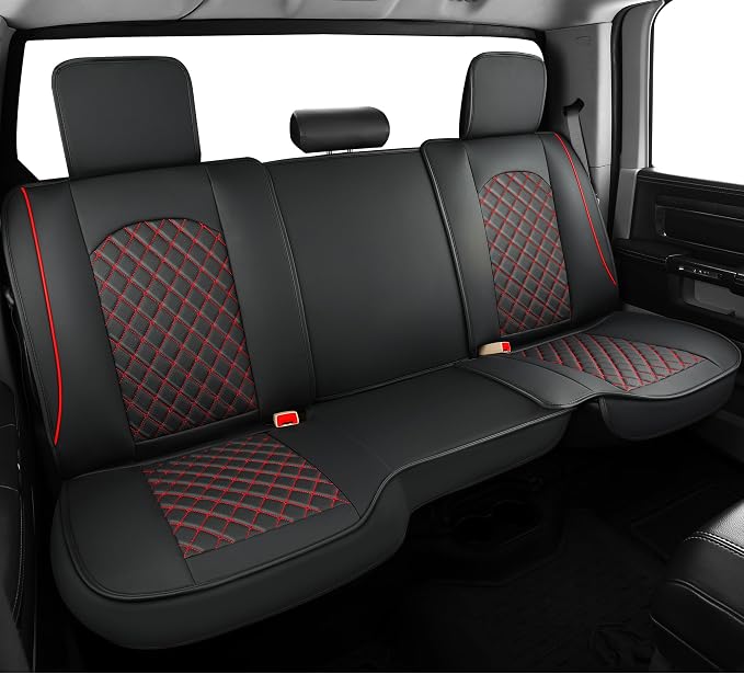 FREESOO Car Seat Covers Full Set for Dodge Ram 2002-2018 1500 & 2011-2026 2500 3500 Crew Quad Cab, 2019-2024 Ram 1500 Classic Leather Seat Cover, with Curved Bench, Black Red