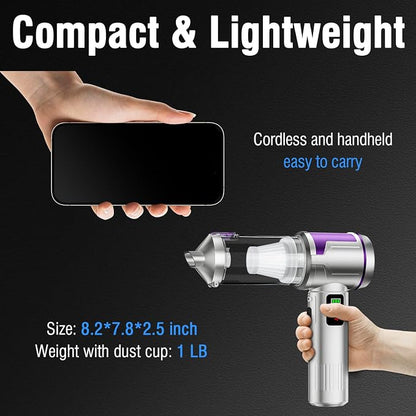 Handheld Car Vacuum Portable Cordless, Hand held Vacuum Cleaner & 22000 Pa High-Power Suction Air Duster for Car Cleaning, Home, Office, Pet Hair | Multi-Nozzle, Washable Filter, LED Light