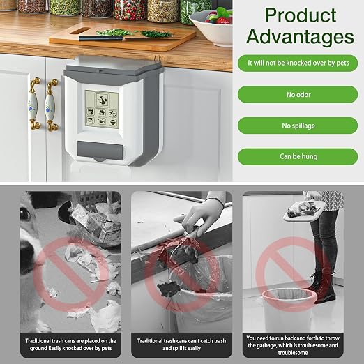 HI NINGER Small Compost Bin with Lid for Counter Top or Under Sink,Hanging Trash can,Foldable Kitchen Trash can 2.4 Gallon for Cabinet/Car Trash Can with Lid/RV/Bathroom/Camping