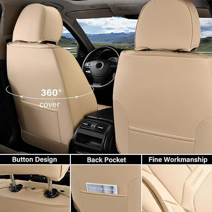 Coverado Car Seat Covers Full Set, Premium Nappa Leather Seat Covers for Car, Waterproof Car Seat Protector with Lumbar Support, Automotive Seat Covers Universal Fit for Most Cars SUV Truck(Beige)