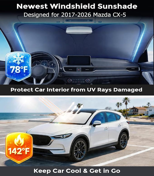 DMJN Front Windshield Sun Shade for Mazda CX5 (2017-2026), [Nano Ice-Crystal Coatings] UPF50+ Heat & UV Block, Protect Car Interior & Keep Cool, Flodable Steel-Ring Car Cover for Summer