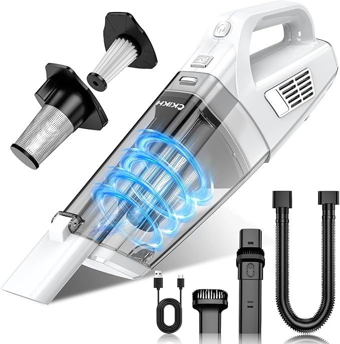 CKIKH Handheld Vacuum Cordless, 15000PA Strong Suction Hand Held Car Vacuum Cleaner Portable with Multi-Nozzles & Washable Filter, Lightweight Rechargeable Vacuum Cleaner for Home, Car, Office, Pets