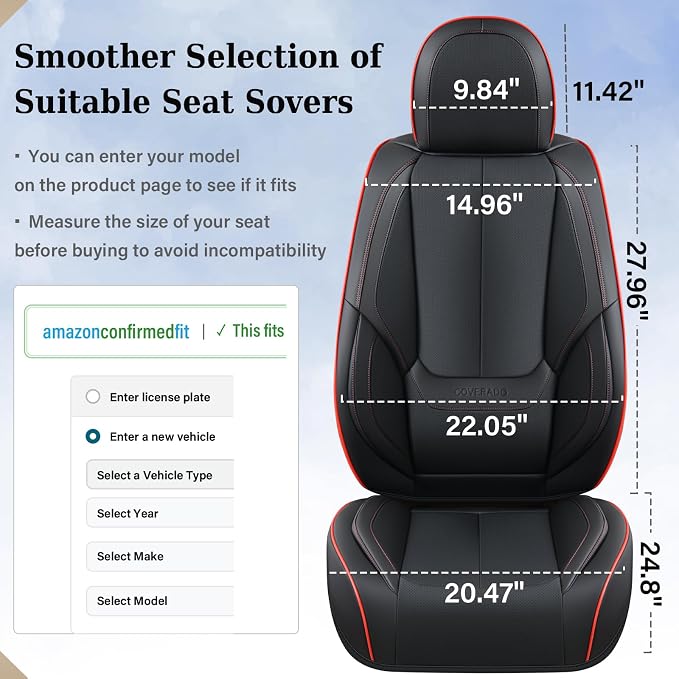 Coverado Seat Covers, Car Seat Covers Full Set, Leather Seat Covers for Cars, Car Seat Protector, Black Car Seat Covers Front Seats and Back Seats Universal Fit for Most Cars Redline