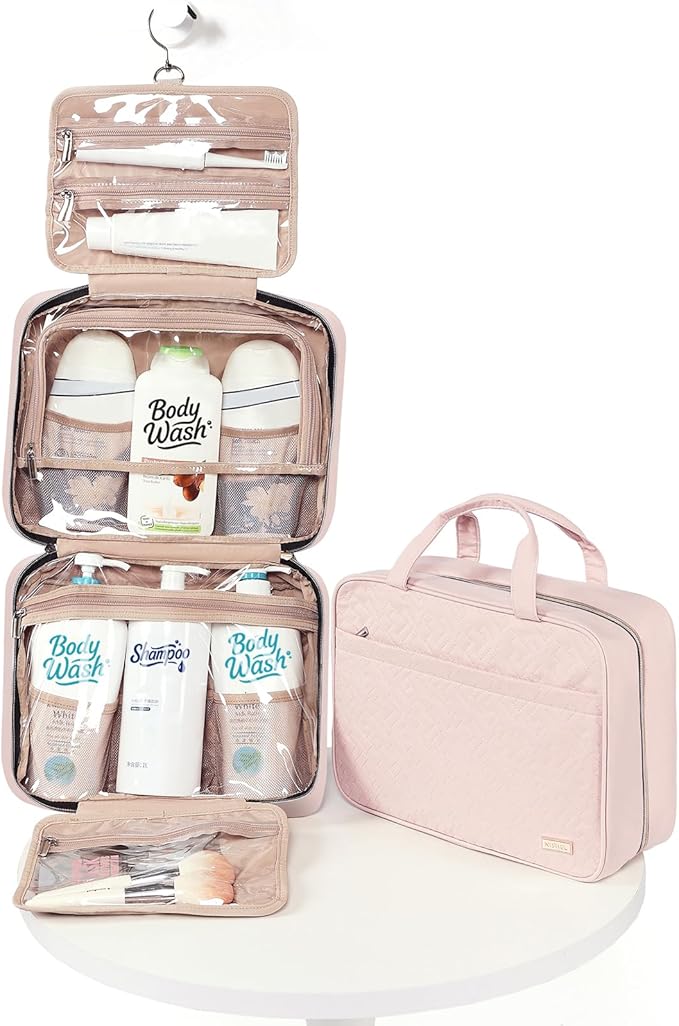 NISHEL Travel Toiletry Bag for women, Portable Hanging Organizer for Family-Sized Shampoo, Conditioner, Brushes Set, Makeup Accessories, Extra Large Size, Pink