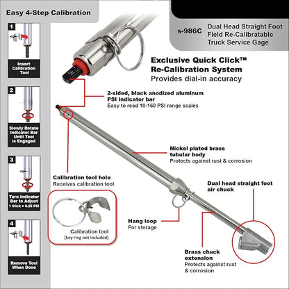Milton s-986C Calibratable Tire Pressure Service Gauge, Dual Head Straight Foot Chuck, 10-160 PSI