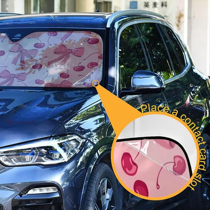 Bow Cherry Pink Windshield Sun Shade Blocks UV Rays Sun Visor Protector Sunshade Accordion Folding Sun Reflector Auto for Car Truck SUV to Keep Your Vehicle Cool