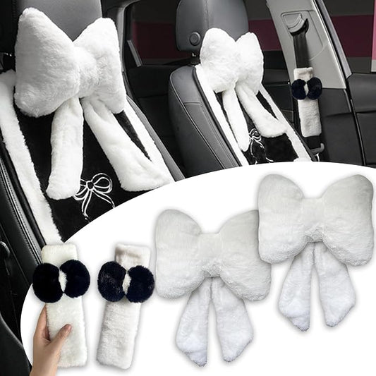 Car Neck Pillow 2PCS Plush Bowknot Car Headrest Pillow – Comfortable Neck Support for Driving Soft Touch Fabric Car Pillow Cute Interior Decor (White Set 4 Pcs)