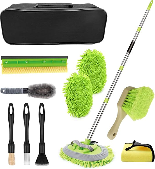 62" Car Wash Brush with Long Handle, Car Wash Kit Include Microfiber Cleaning Mop, Wheel Brush, Windshield Window Squeegee, Towel, Detail Brush, Storage Bag, for Cleaning Cars, RV, Truck, Boat