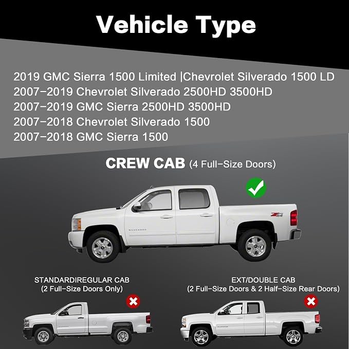 Running Boards 6 Inches Compatible with Crew Cab 2007-2018 Chevy Silverado GMC Sierra 1500 | 2007-2019 2500HD 3500HD Black Two-Stair Design Side Steps Steel Rails Nerf Bars