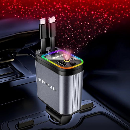 BERTHALESS Retractable Car Charger, 4 in 1 Fast Charging Car Charger USB-C & USB-A Compatible with iPhone 16/15/14/13/12/11,Galaxy,Pixel,with Red Starry Sky Light