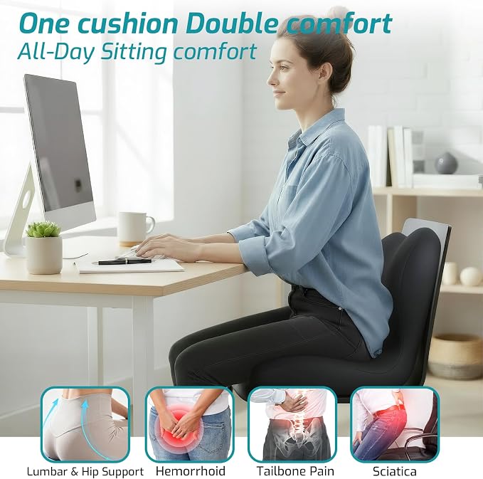 Memory Foam Seat Cushion,Office Chair Cushion with Lumbar Support for Back Pressure Relief, Car Seat Cushion with Adjustable Strap,Sciatica Pad Cushions for Car,Truck, Desk (D-Black)