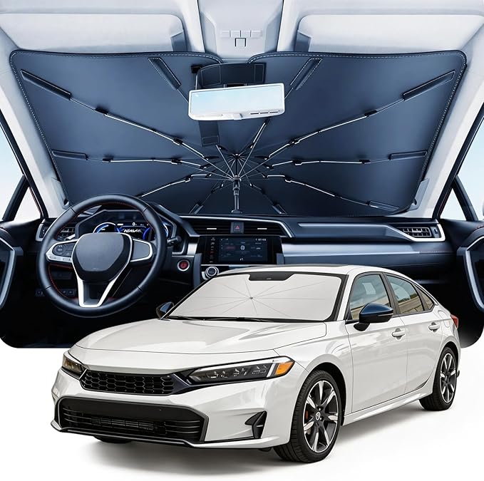 DMJN Umbrella Windshield Sun Shade for Honda Civic (2006-2026), Car Sunshade for Front Windshield [Nano Ice-Crystal Coatings] UPF50+ Heat & UV Block, Protect Interior & Keep Cooler