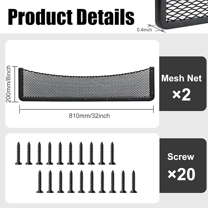 ABS Plastic Frame Automotive Cargo Nets Car Net Pocket Phone Car Mesh Net Holder RV Storage Boat Cargo Pocket Organizer Framed Mesh Net Pocket with Screws for Auto RV Net(2, 32 x 8 Inch)