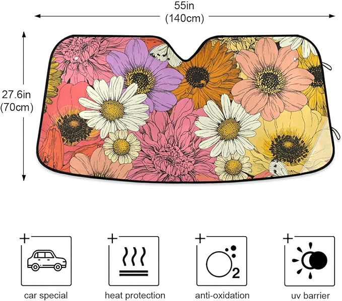 Colorful Flowers Sunflower Car Windshield Sun Shade Chamomile Dahlia Lily Anemone Foldable UV Ray Sun Visor Protector Sunshade to Keep Your Vehicle Cool (55" x 27.6")