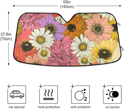 Colorful Flowers Sunflower Car Windshield Sun Shade Chamomile Dahlia Lily Anemone Foldable UV Ray Sun Visor Protector Sunshade to Keep Your Vehicle Cool (55" x 27.6")