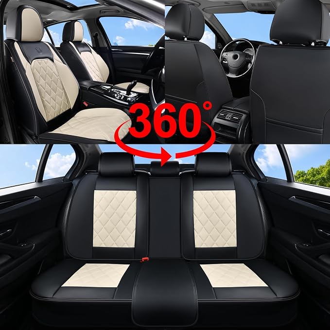 Coverado Car Seat Covers Full Set, Faux Leather Seat Covers for Car, Waterproof Car Seat Protectors 5 Seats, Automotive Seat Covers Universal Fit for Most Cars SUV Trucks- Black&White