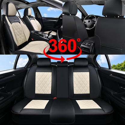 Coverado Car Seat Covers Full Set, Faux Leather Seat Covers for Car, Waterproof Car Seat Protectors 5 Seats, Automotive Seat Covers Universal Fit for Most Cars SUV Trucks- Black&White