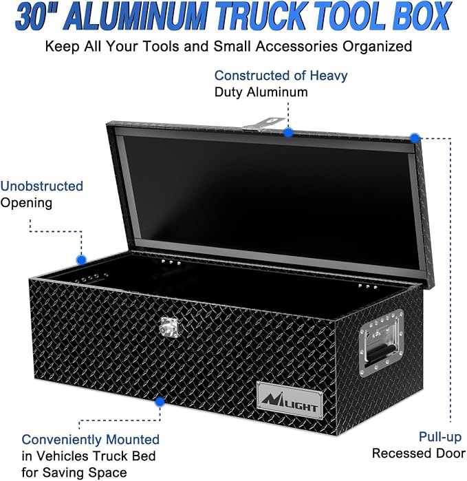 Nilight 30 Inch Truck Tool Box Heavy Duty Aluminum Diamond Plate Truck Bed Toolboxes 30''X13''X9.6'' Waterproof Pick-Up Storage Tool Boxes for Bed of Truck RV Trailer with Side Handle Lock Keys, Black