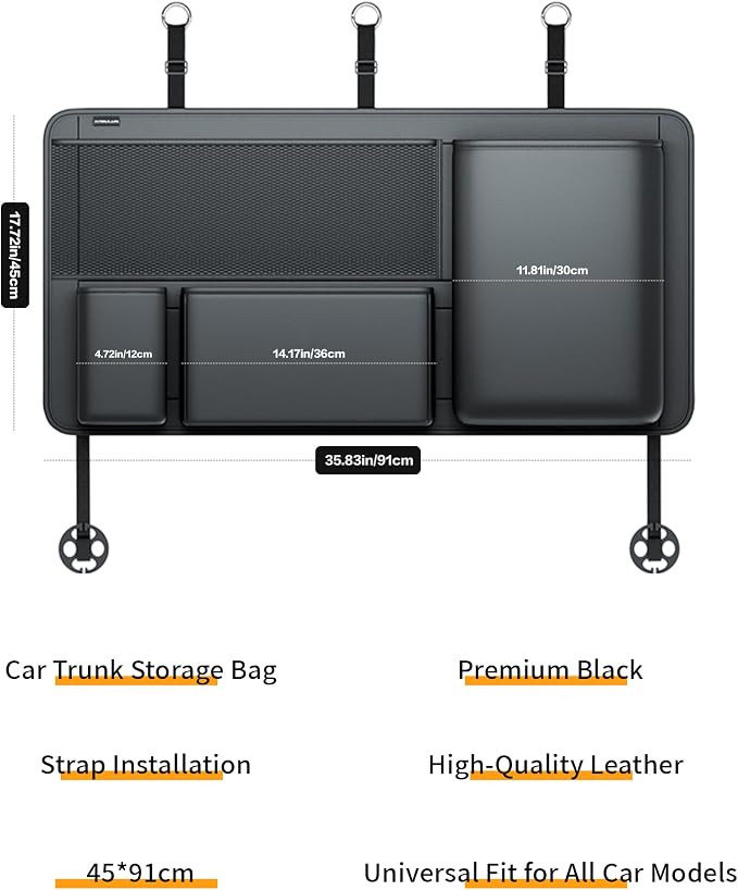 PU Leather Trunk Organizer for SUV, Sedan & Truck | Durable & odor-free rigid PU, 36in vertical storage with 4 pockets, shape-locked & water-wipeable, expands trunk room