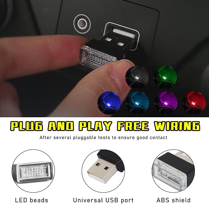 Augeny 6 PCS USB LED Car Interior Atmosphere Lamp, Plug-in USB Decor Night Light, Portable Auto Ambient Lighting Kit, Universal Vehicle Interior Accessories for Most Cars (6 Colors)