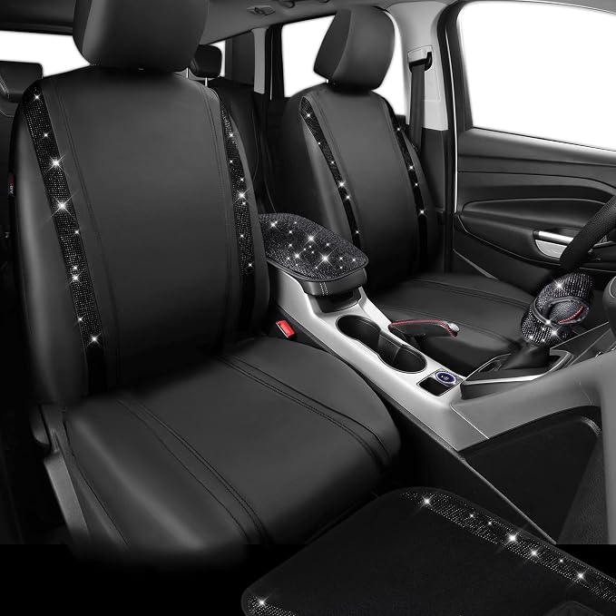 CAR PASS Bling Diamonds Car Seat Covers Front Seats Black Leather Shining Rhinestone Car Floor Mats Carpet with Anti-Slip Nibs Sparkly Glitter Crystal Car Accessories Set Universal for Girl Women