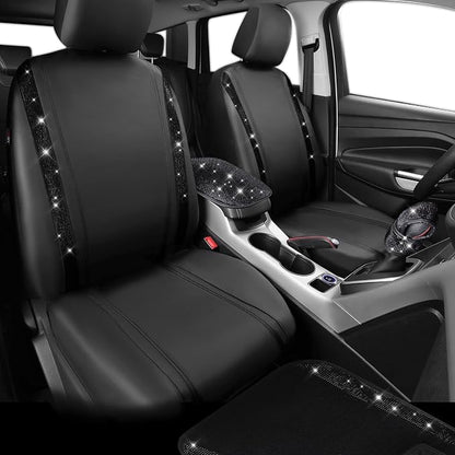 CAR PASS Bling Diamonds Car Seat Covers Front Seats Black Leather Shining Rhinestone Car Floor Mats Carpet with Anti-Slip Nibs Sparkly Glitter Crystal Car Accessories Set Universal for Girl Women