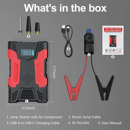 Portable Car Jump Starter with Air Compressor, 3000A Car Battery Booster (9.0L Gas/6.5L Diesel) with 150PSI Auto-Shutoff Tire Inflator, 12V Supersafe Lithium Jump Box Car Battery Jumper Starter