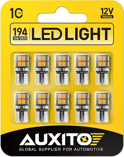 AUXITO 194 LED Light Bulb Amber Yellow 168 2825 W5W T10 Wedge 14-SMD LED Replacement Bulbs for Car Dome Map Door Courtesy License Plate Parking Light, Pack of 10
