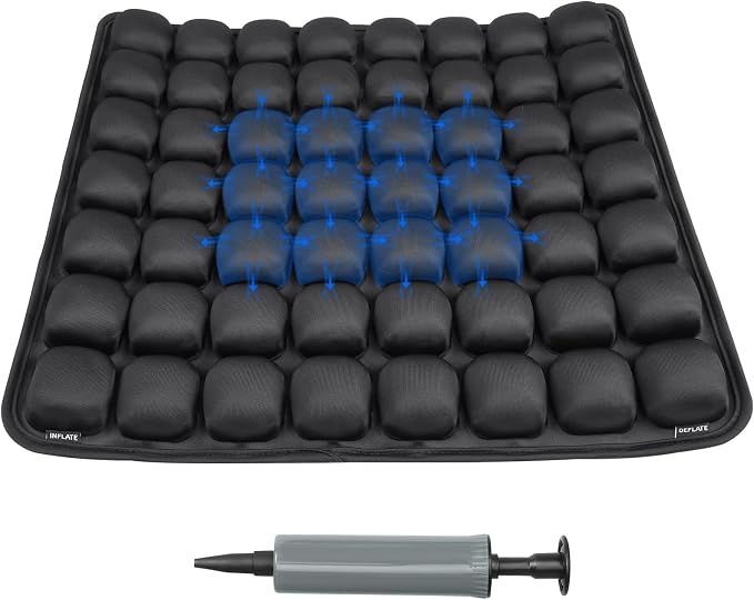 JFT Inflatable Air Seat Cushion for Pressure Relief - 56 Interconnected Air Cells - Ergonomic Pad for Office Chair, Wheelchair & Car - Built-in Pump for Easy Inflation - Lycra & TPU, 17.7" x 15.7"