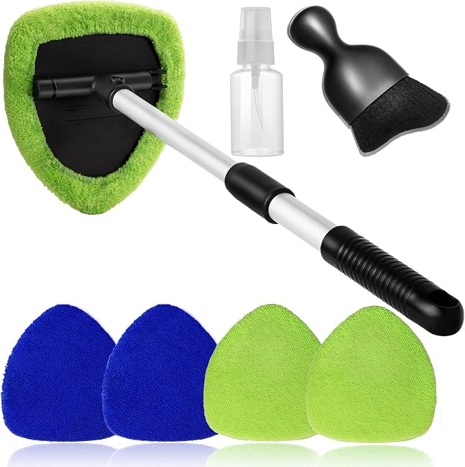 Qydipclin 7pcs Windshield Cleaner Tool Car Window Cleaning Wash Kit with 4 Reusable Microfiber Pads 1 Spray Bottle and Extendable Handle Auto Glass Wiper Kit, Blue&Green