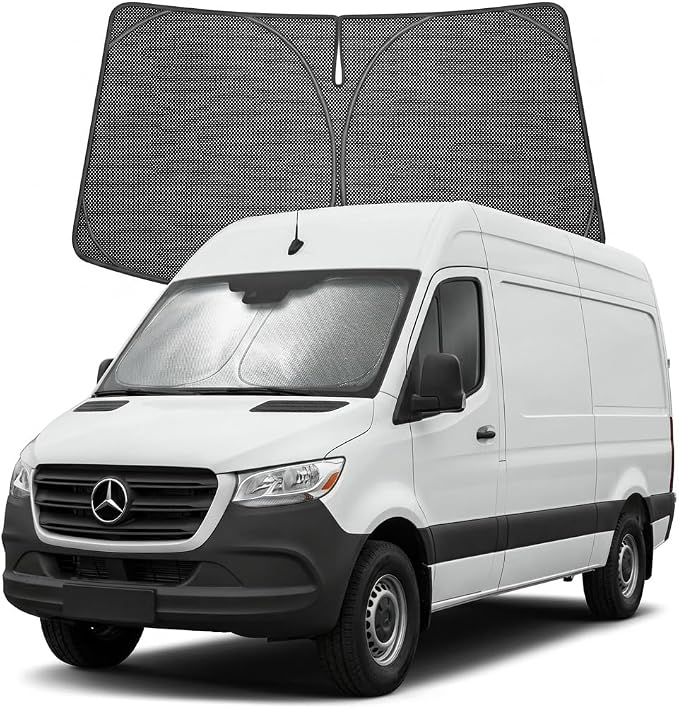 Proadsy Windshield Sun Shade Custom Fit Mercedes Benz Sprinter 2007-2026 Ice Crystal Black Front Window Sunshade UV and Heat Blocker Foldable Visor Keeps Car Cooler for Summer Parking and Daily Use