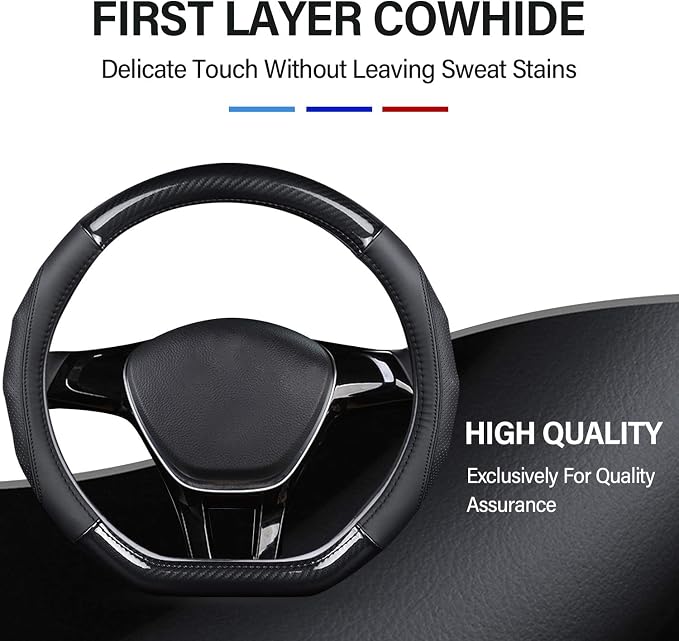 Ergocar Car Steering Wheel Cover Non-Slip Car Steering Wheel Protector Sport D-Shape Carbon Fiber & First Layer Cowhide Universal for Diameter 38cm(15") (D-Black)