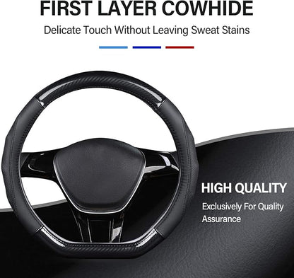 Ergocar Car Steering Wheel Cover Non-Slip Car Steering Wheel Protector Sport D-Shape Carbon Fiber & First Layer Cowhide Universal for Diameter 38cm(15") (D-Black)